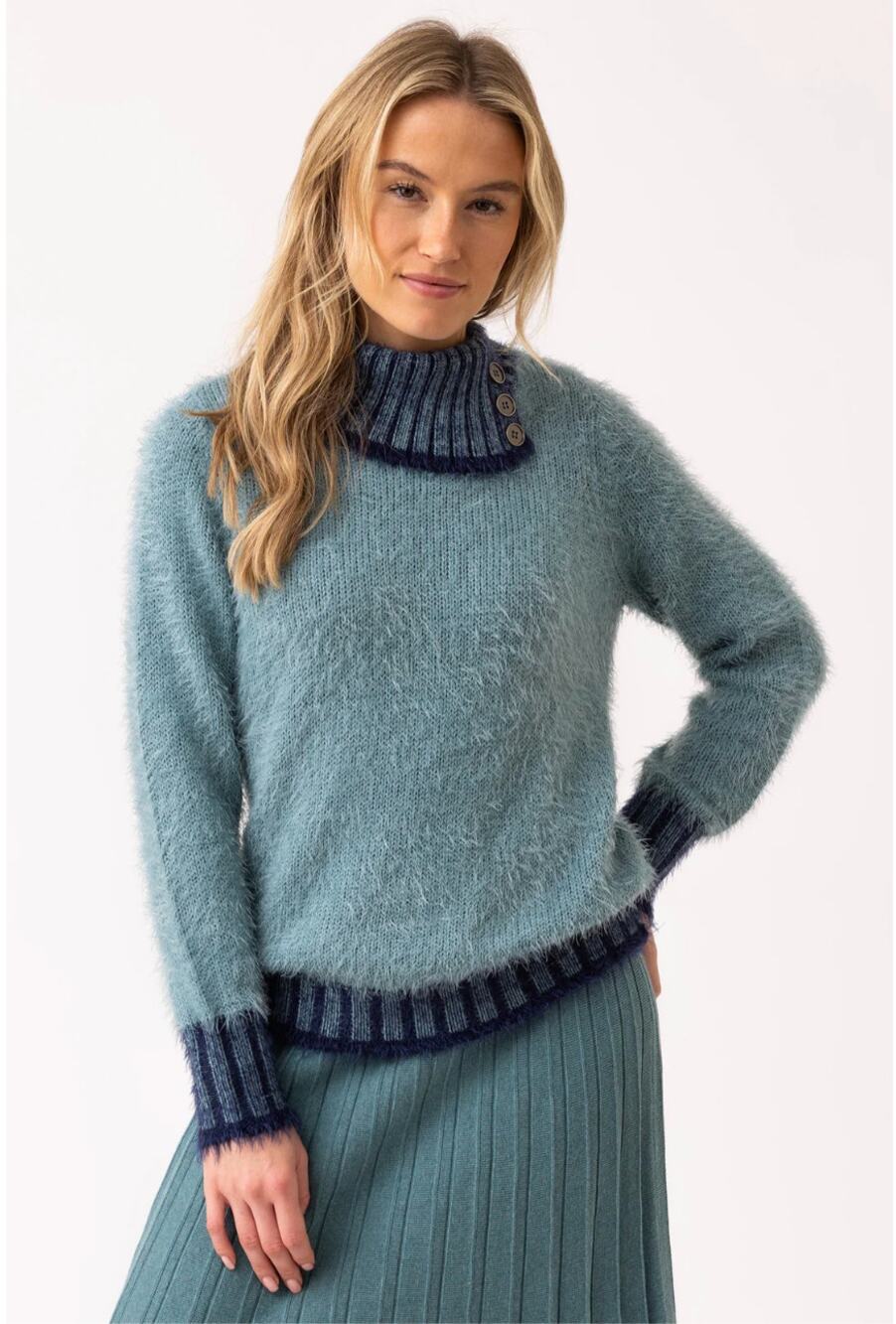 Marble Eyelash Knit Split Neck Sweater Duck Egg Blue XS Button Collar